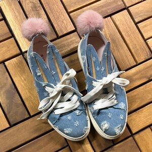 Minna Parikka Blue Denim Sneakers with Pink Pom Poms